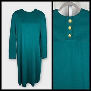Vintage Talbots Green Midi Shift Sweater Dress Back Button Gold Size 10/12